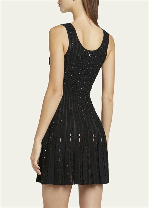 Versace Plisse Knit Mini Dress with Embroidered Studs